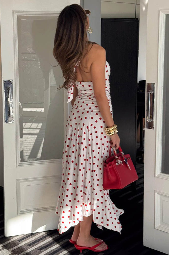 Polka Dot Halter VNeck Ruched Maxi Dress