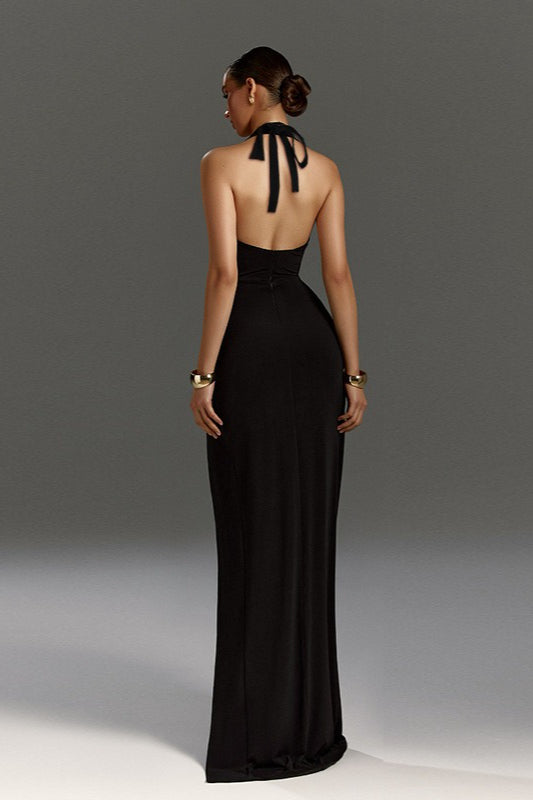 Halter Neck VSlit Evening Wrap Dress