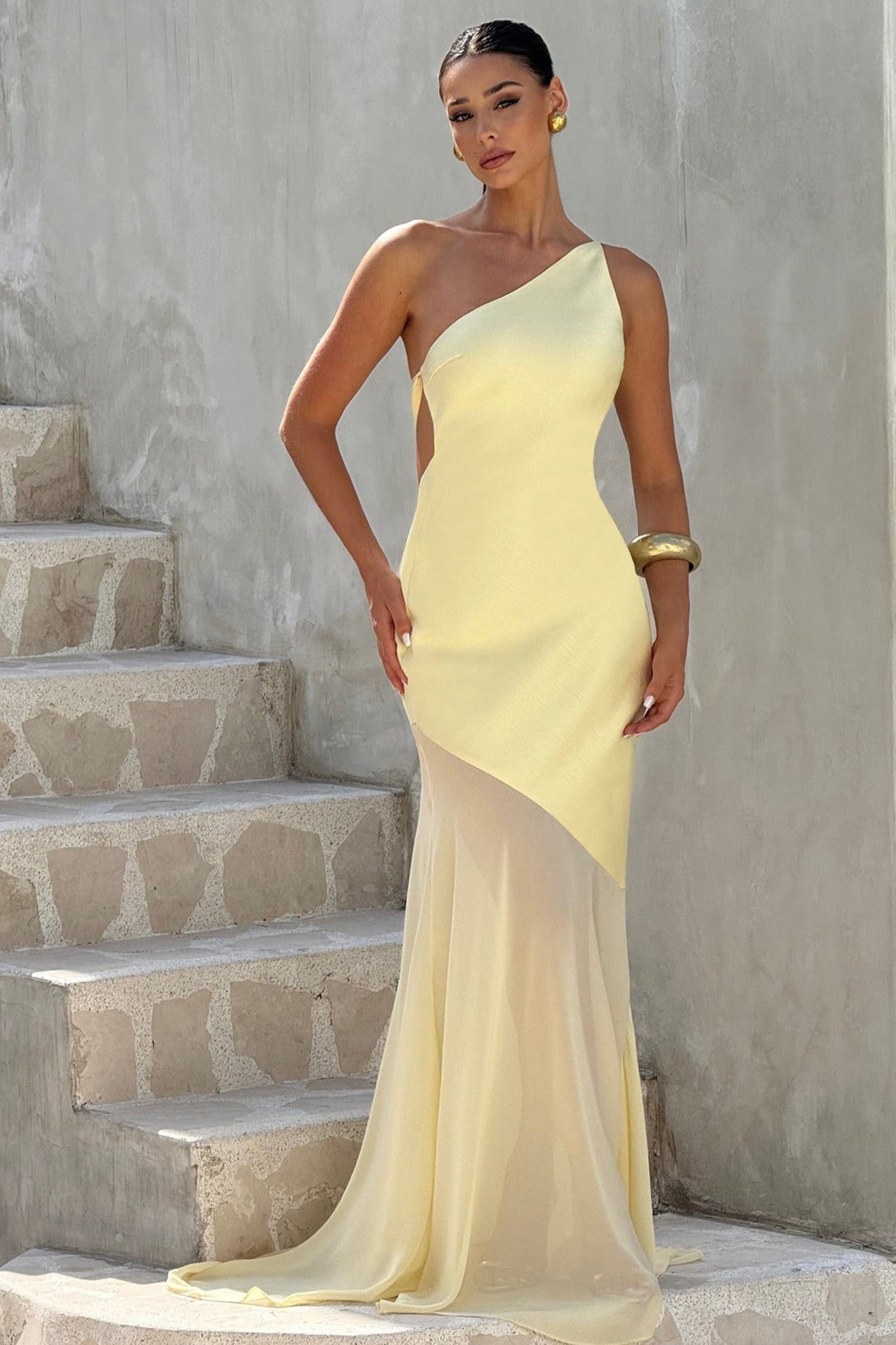 One Shoulder Sleeveless Backless Slim Mesh Tie Maxi Dress
