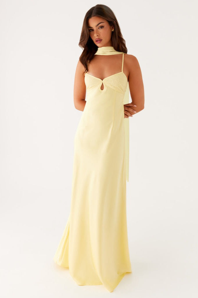 V Neck Tie Back Satin Maxi Dress S / Yellow