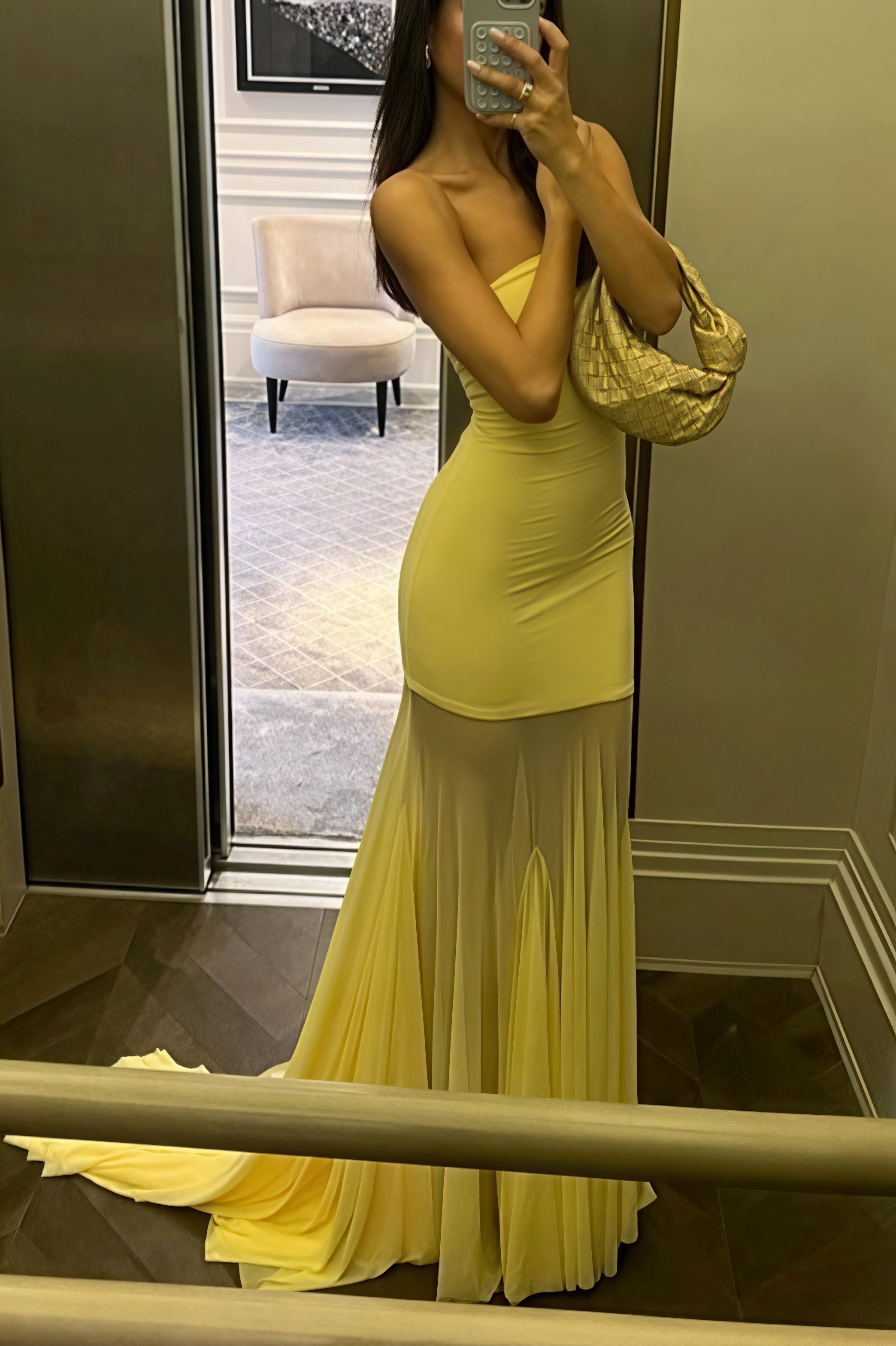 Solid Slim Patchwork Sheer Strapless Maxi Dress