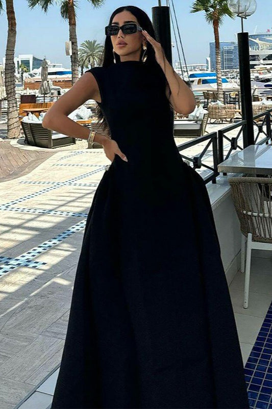 Solid Sleeveless Ruched Waist Elegant Dress