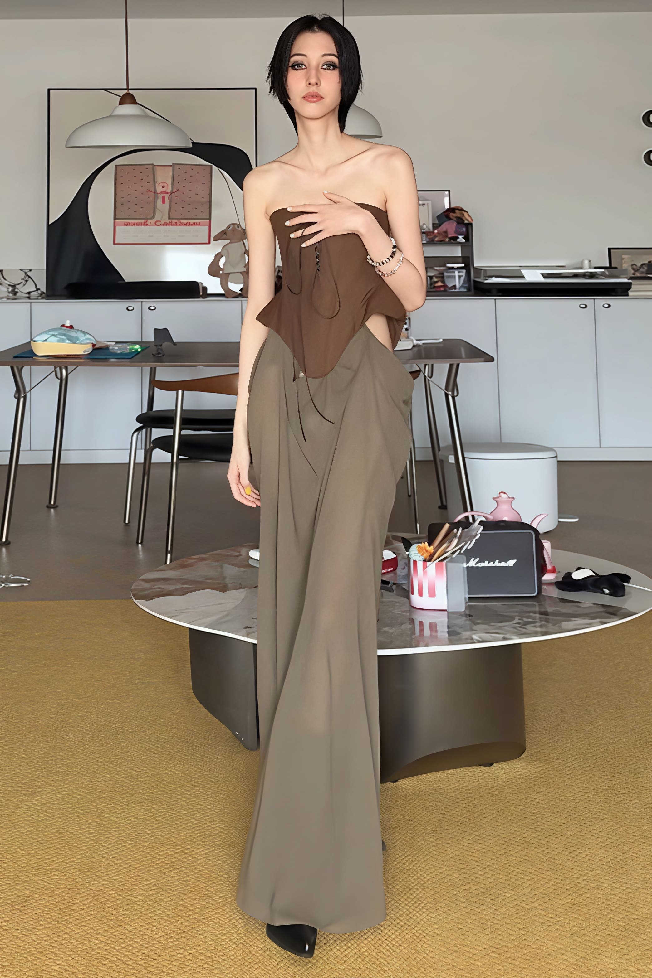 Tie Strapless High Waist Color Block Patchwork Maxi Dress