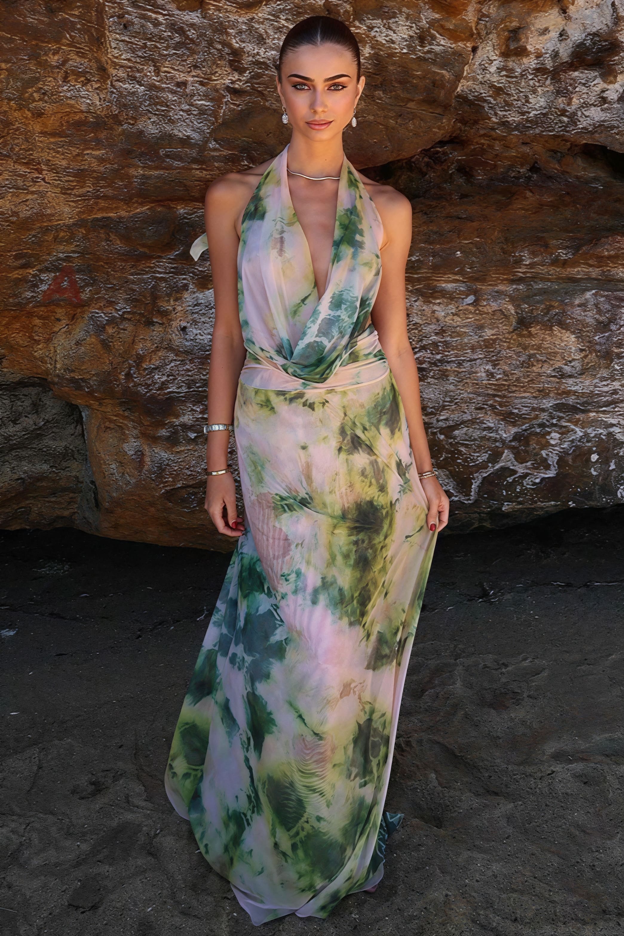 Watercolor Print Deep V Cowl Neck Backless Cami Ruched Maxi Dress
