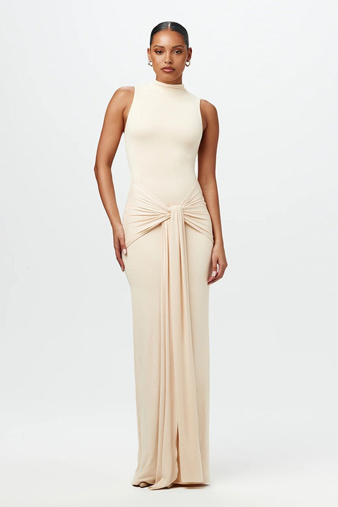 Chic Solid Crew Neck Sleeveless Tie Bodycon Dress