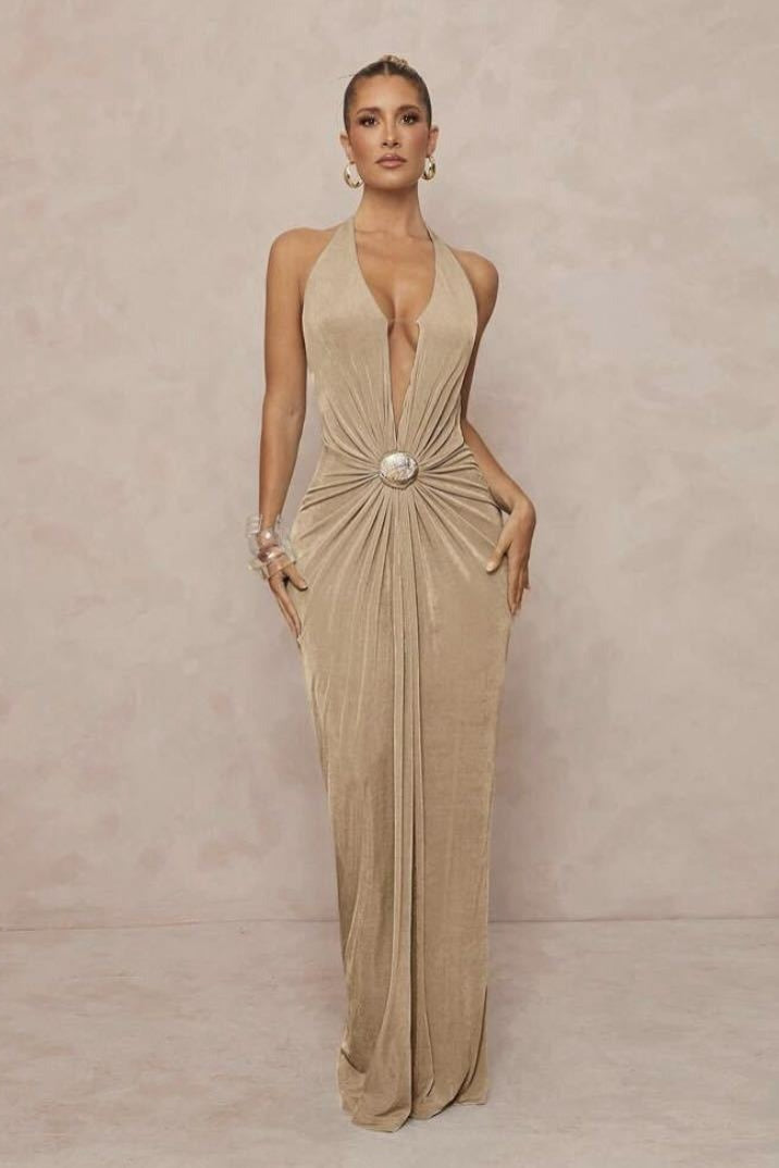 Deep V Halter Ruched Metal Trim Backless Maxi Dress
