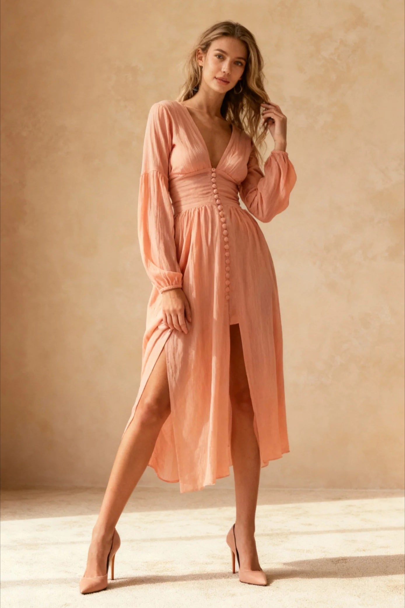 V Neck Button Down Maxi Dress