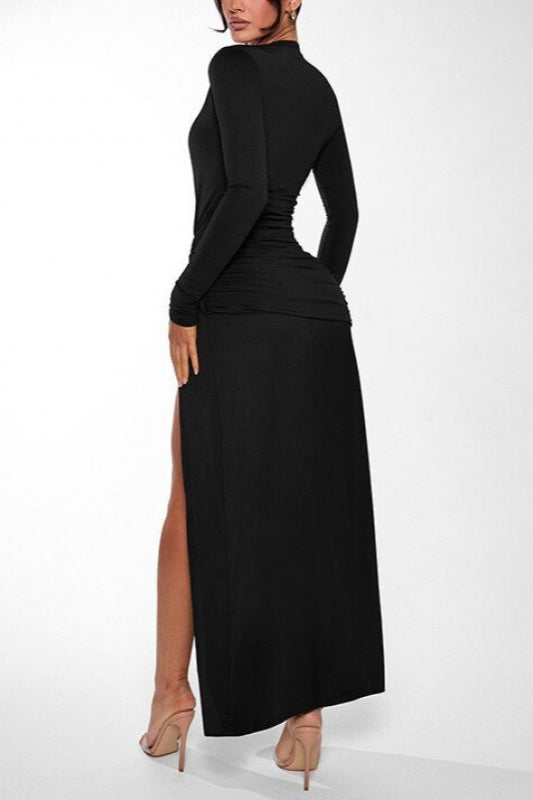 Sexy Deep V Neck Long Sleeve Slit Formal Dress