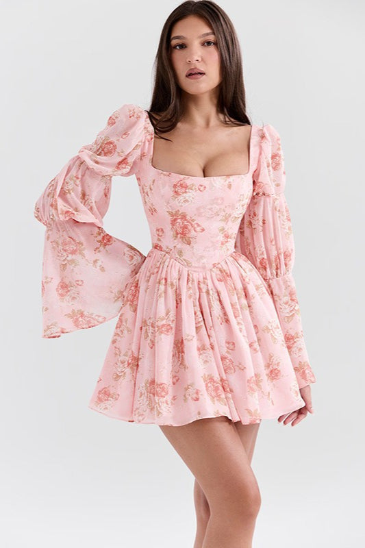 Rose Print Long Sleeve ALine Floral Dress
