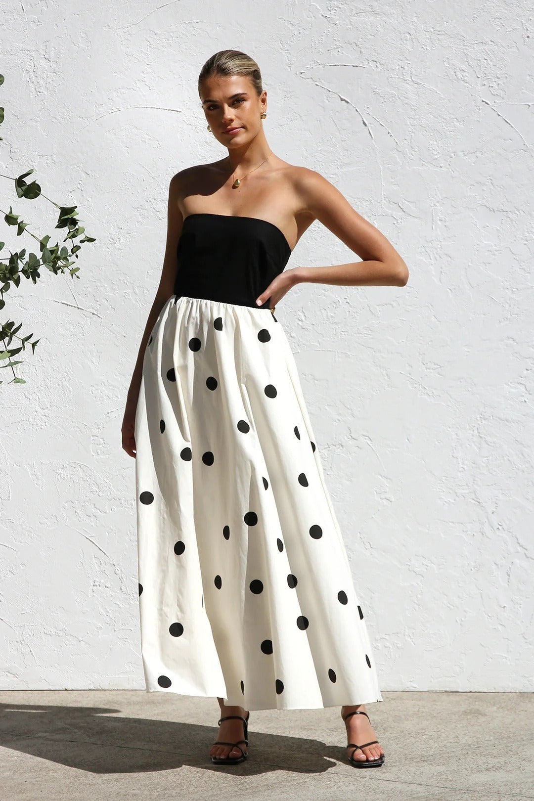 Polka Dot Print Strapless ALine Maxi Dress
