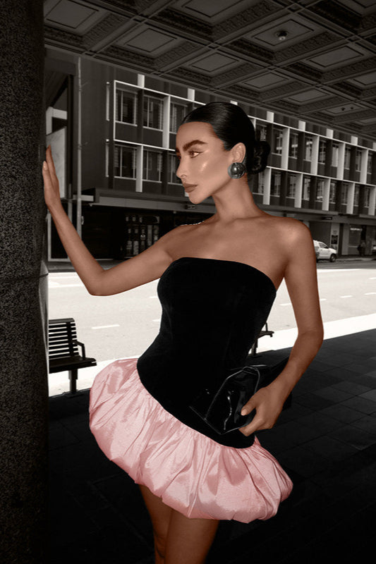 Elegant Velvet Paneled Strapless Puff Mini Dress