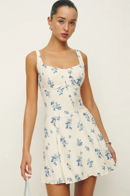 Square Neck Backless ALine Mini Floral Dress