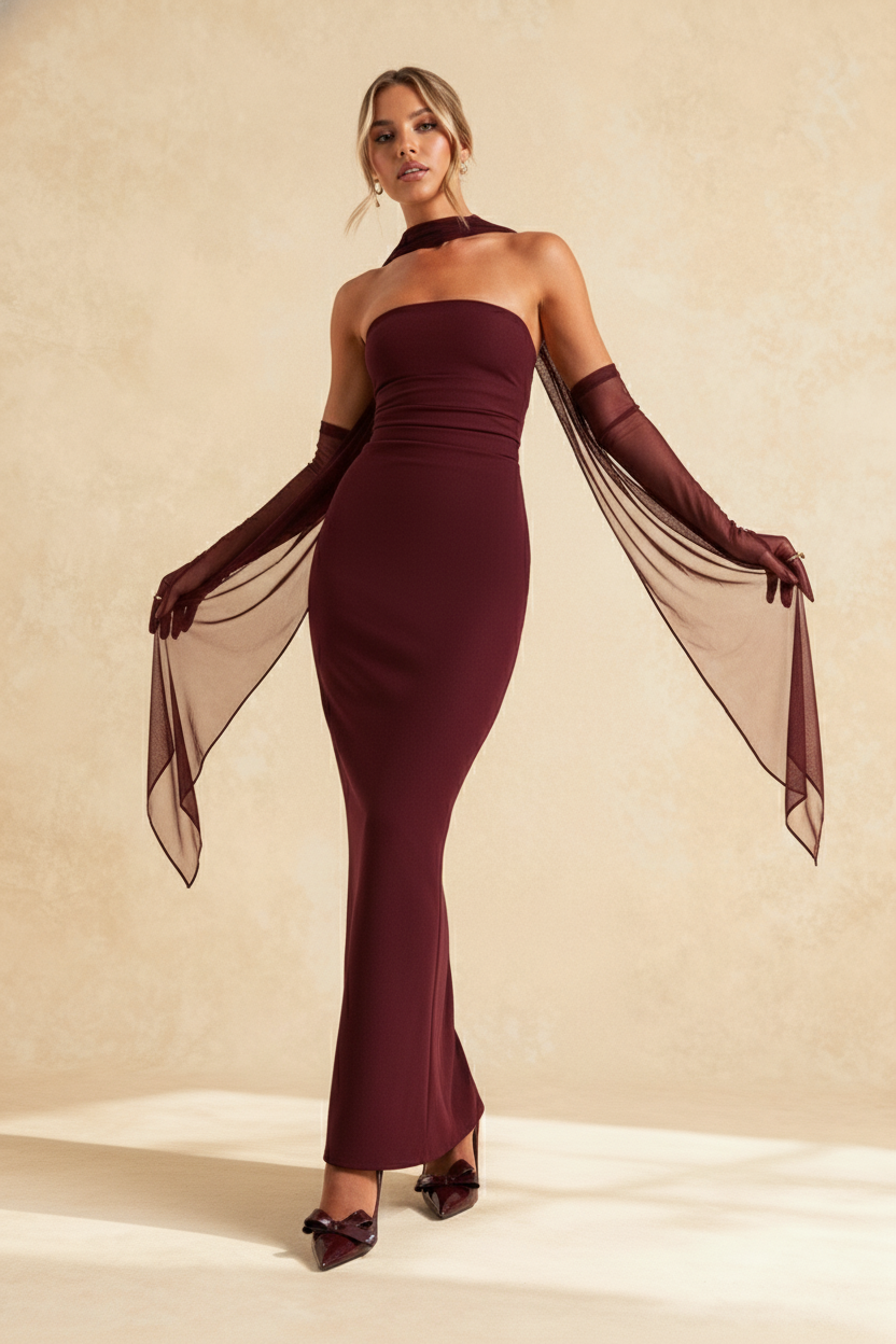 Hudson Maxi Dress With Stole And Gloves  Maroon
