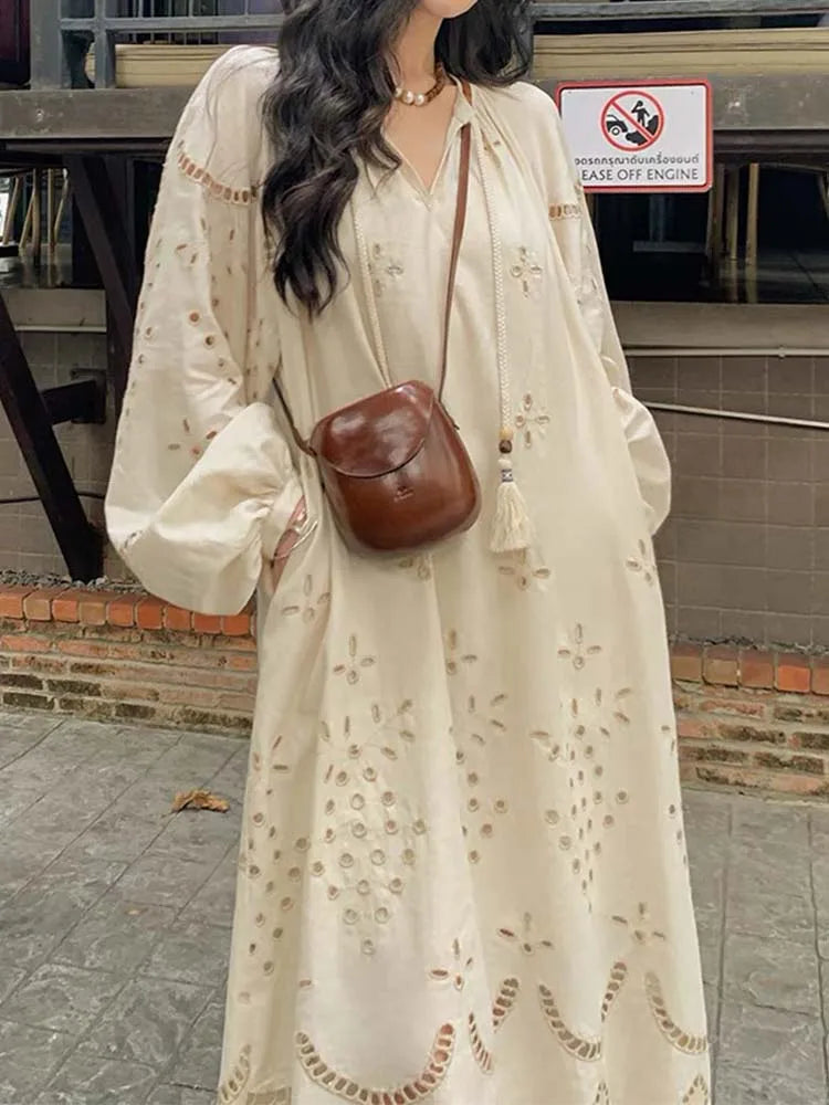 2024 Korean Style Vintage Long Sleeve VNeck Boho Hollow Out Maxi Dress