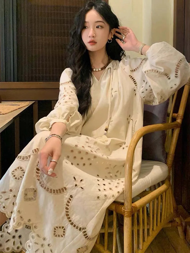 2024 Korean Style Vintage Long Sleeve VNeck Boho Hollow Out Maxi Dress