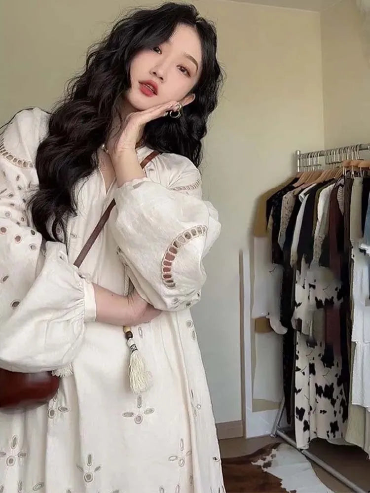 2024 Korean Style Vintage Long Sleeve VNeck Boho Hollow Out Maxi Dress