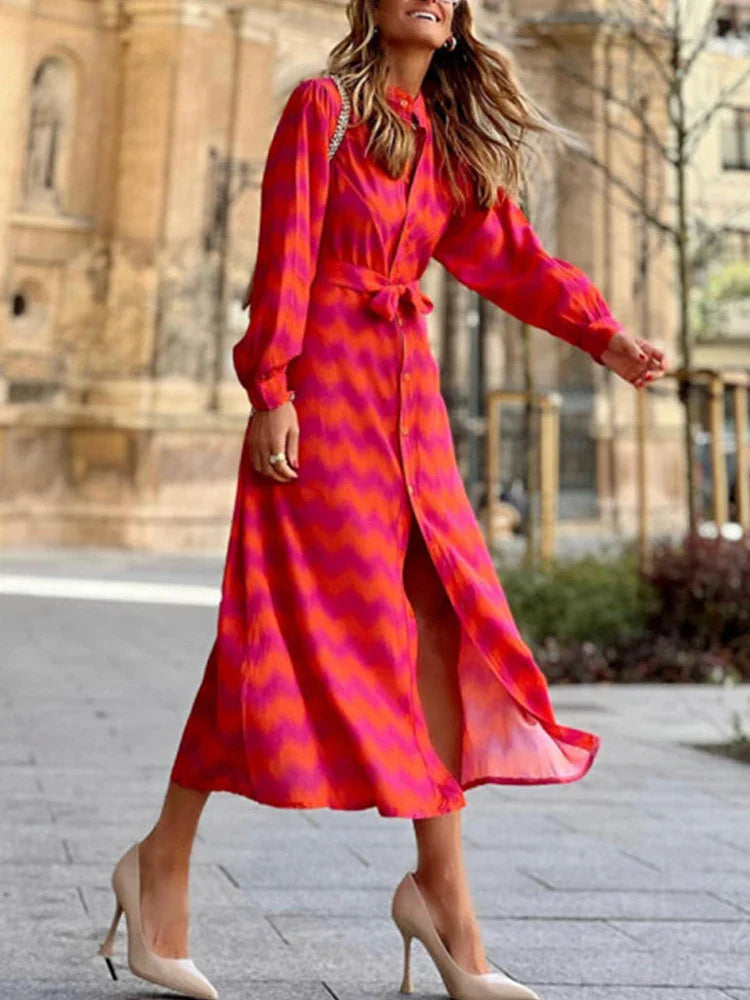 2024 Elegant Lady Tie Dye Ruffled Lace Up Waist Vneck Maxi Dress