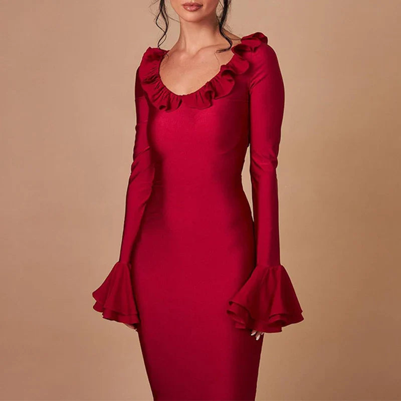 2024 Elegant Solid Color O Neck Flare Sleeve Laceup Ruffles Maxi Dress