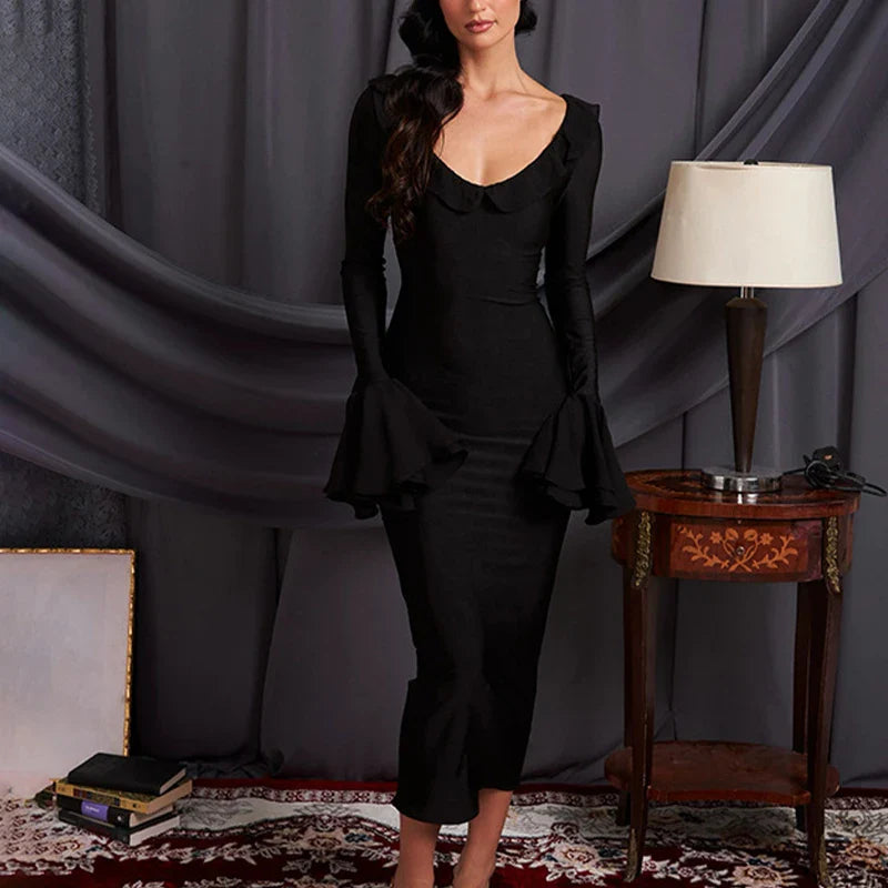 2024 Elegant Solid Color O Neck Flare Sleeve Laceup Ruffles Maxi Dress