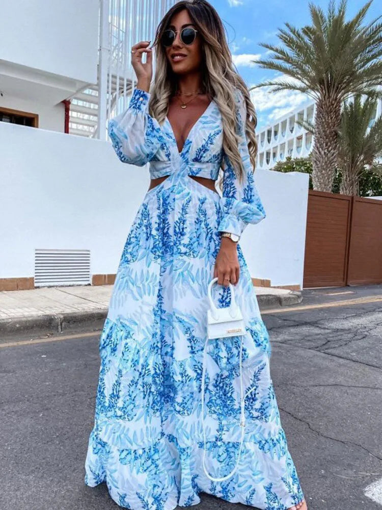 2024 Elegant VNeck Print Long Sleeve Maxi Dress