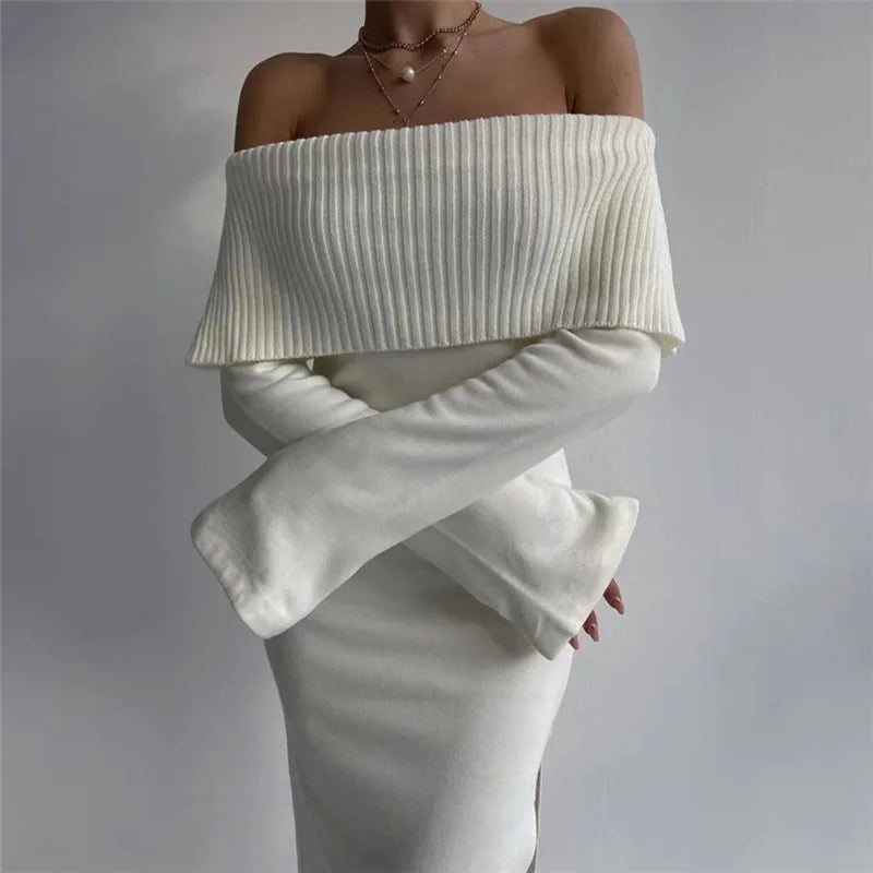 2024 OffShoulder Lapel Neck Sexy Long Sleeve Maxi Dress