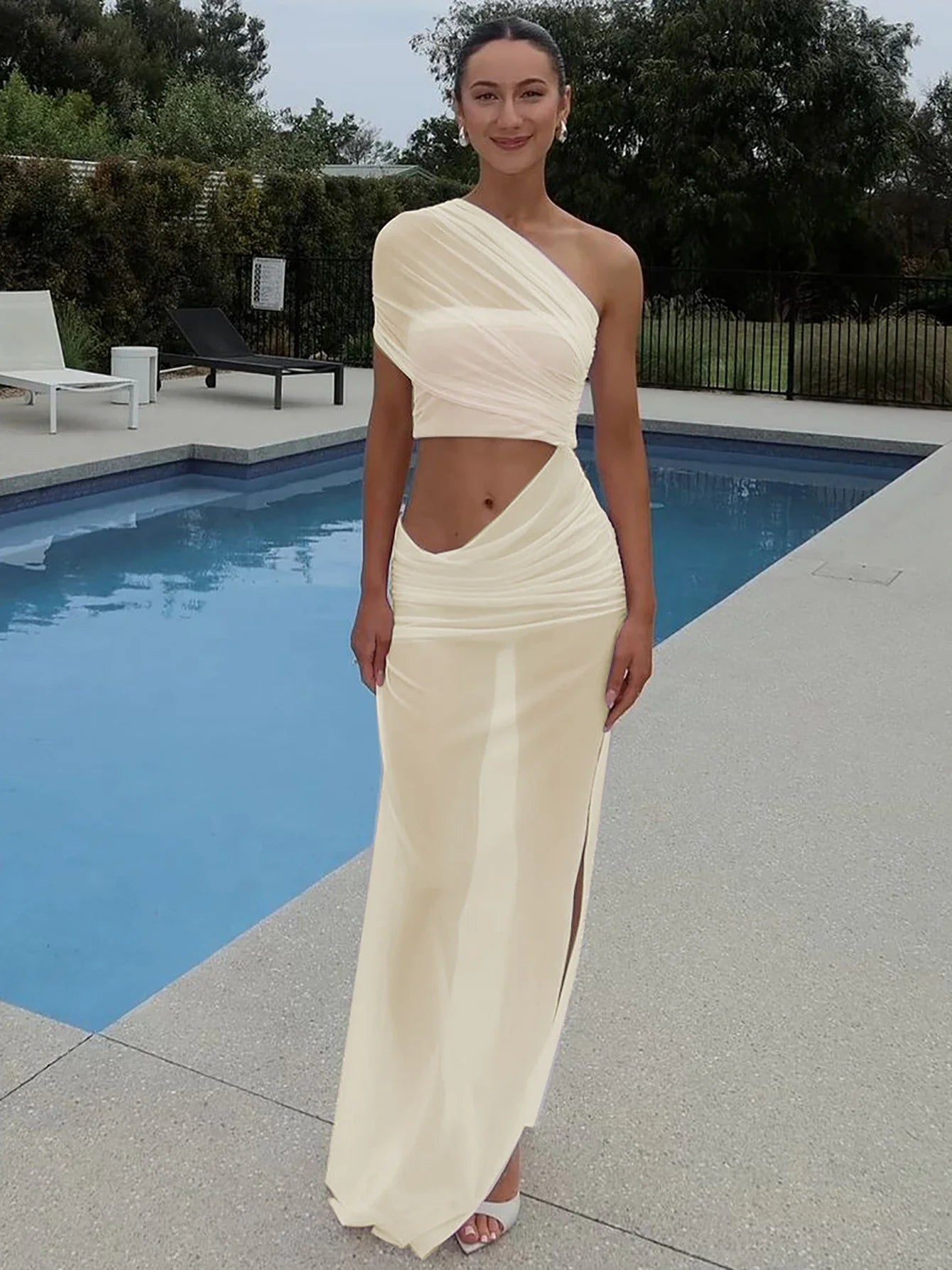 Mesh One Shoulder Ruched Maxi Dress