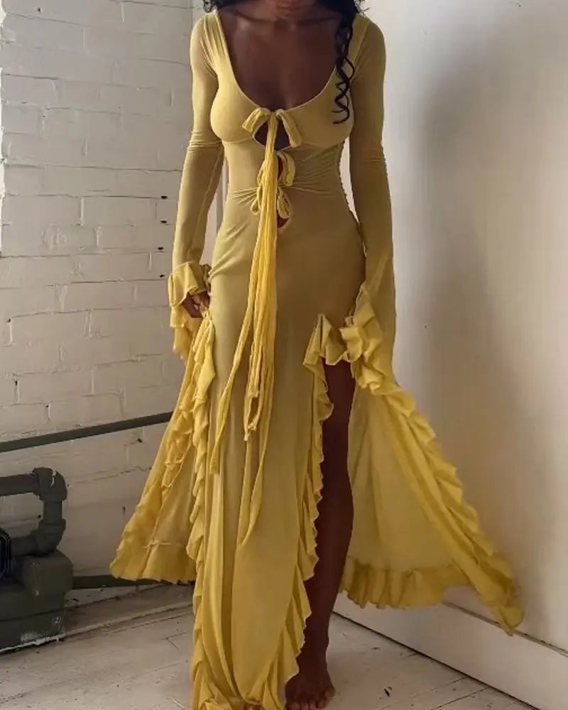 Ruffled Slit Vneck Maxi Dress