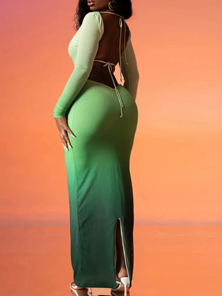 Gradient Hollow Cross Strap Maxi Dress