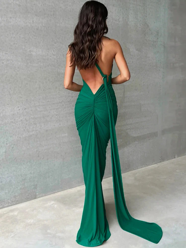One Shoulder Scarf Ruched Maxi Dress