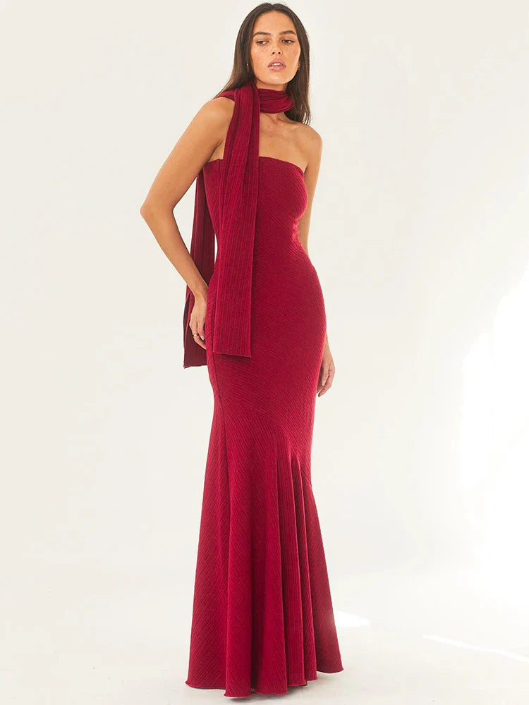Scarf Strapless Pleated Maxi Dress