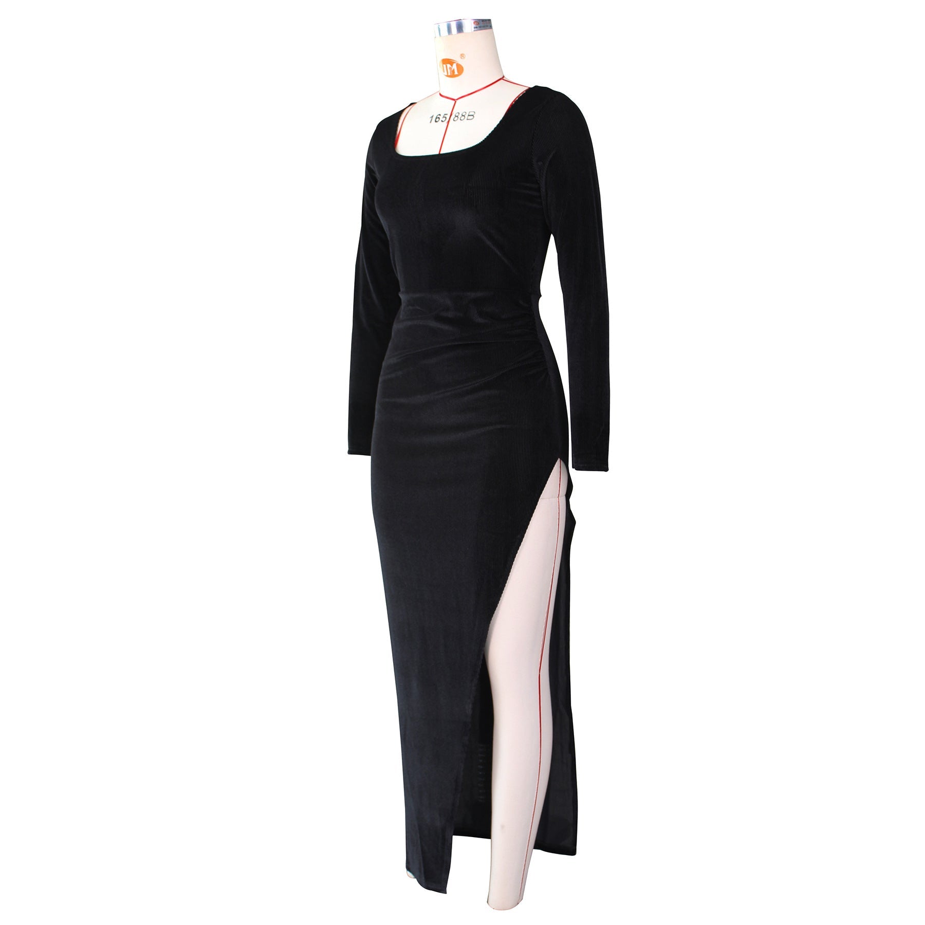 Elegant Velvet High Waist Slit Maxi Dress Sexy Long Sleeve Evening Party Dress