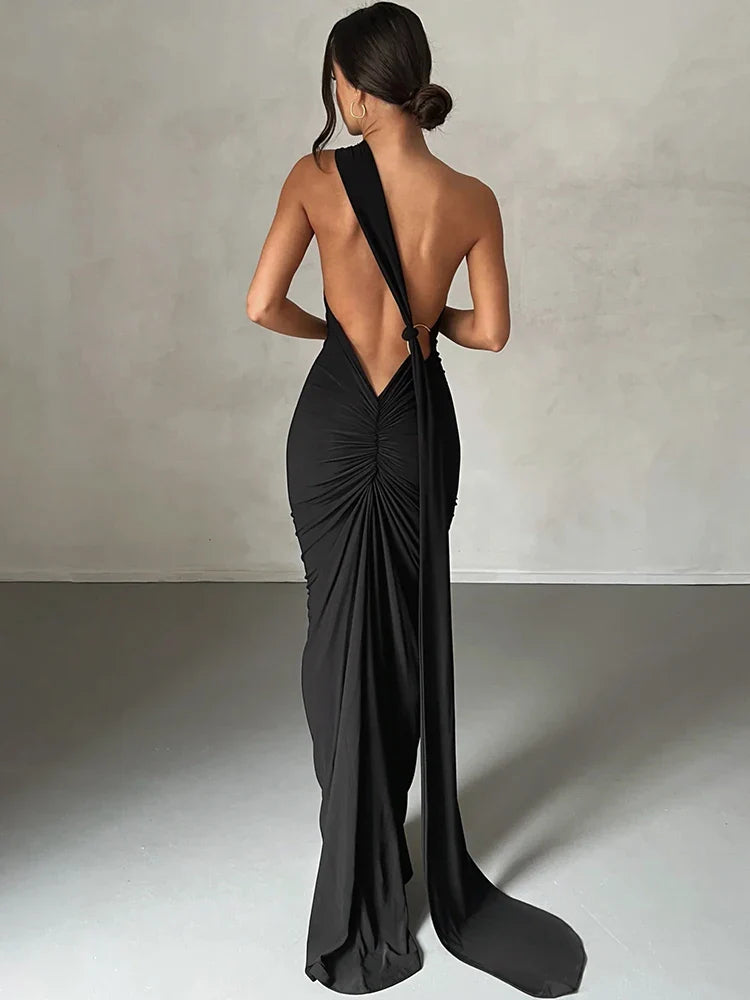 One Shoulder Scarf Ruched Maxi Dress