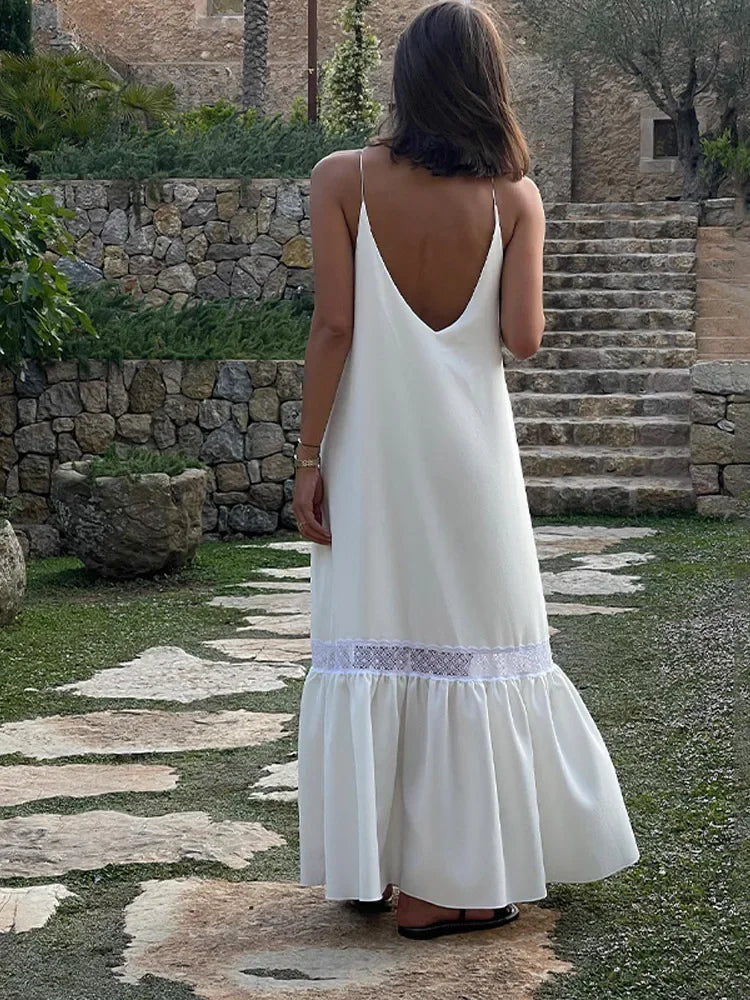 White Satin Mesh Backless Maxi Dress