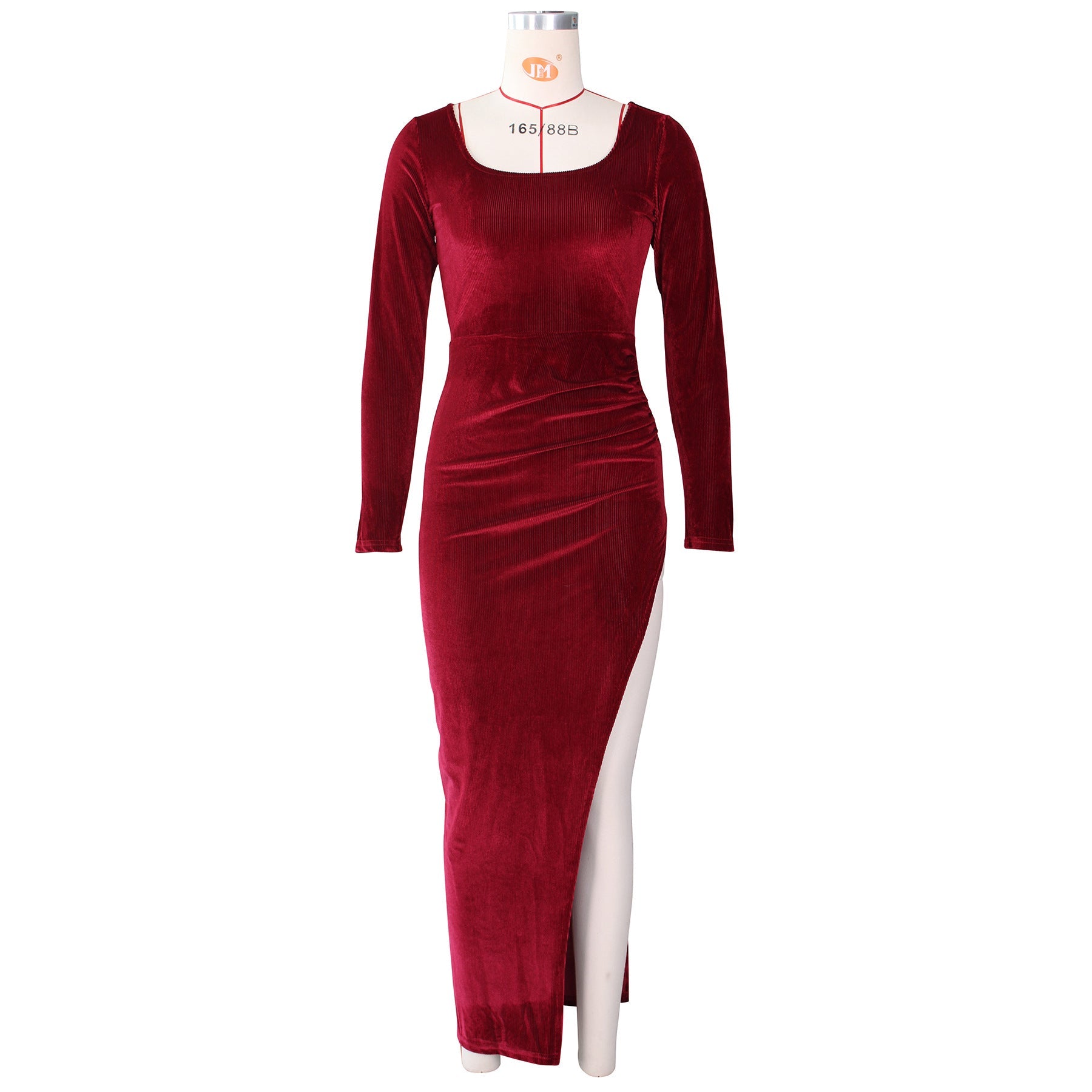 Elegant Velvet High Waist Slit Maxi Dress Sexy Long Sleeve Evening Party Dress