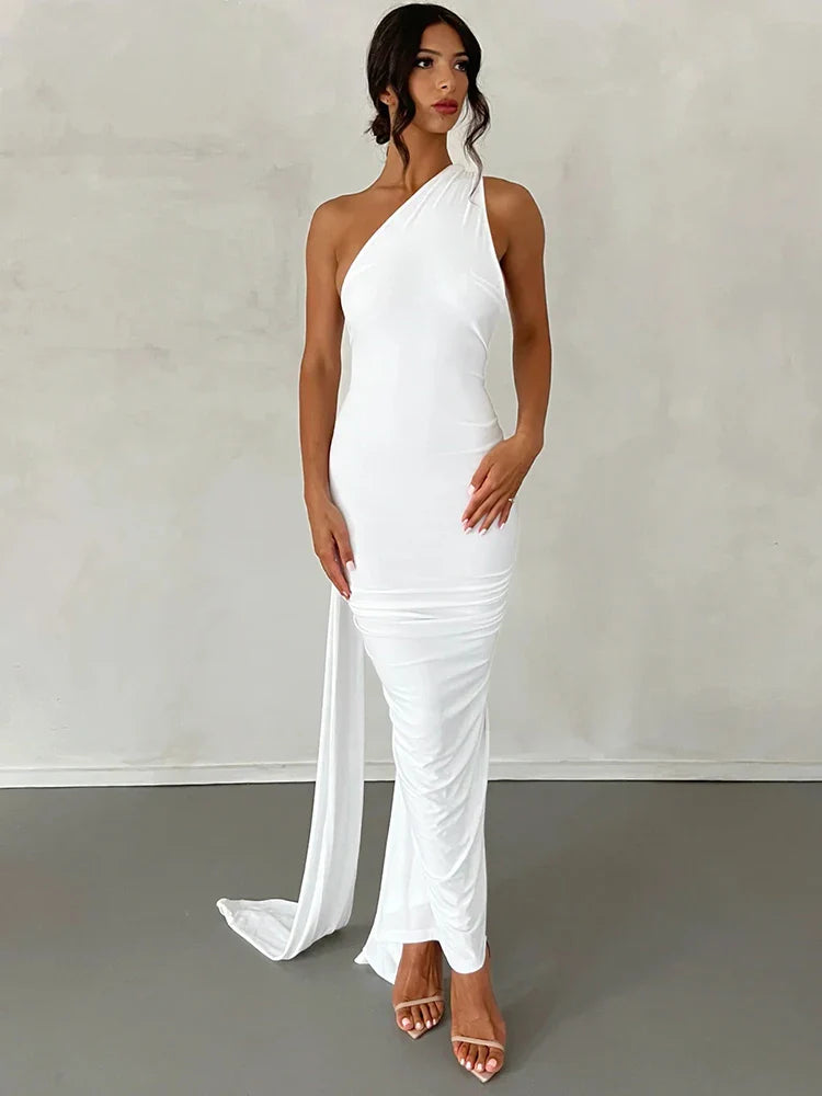 One Shoulder Scarf Ruched Maxi Dress