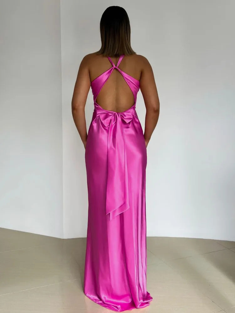 Satin Ruched Backless Maxi Dress