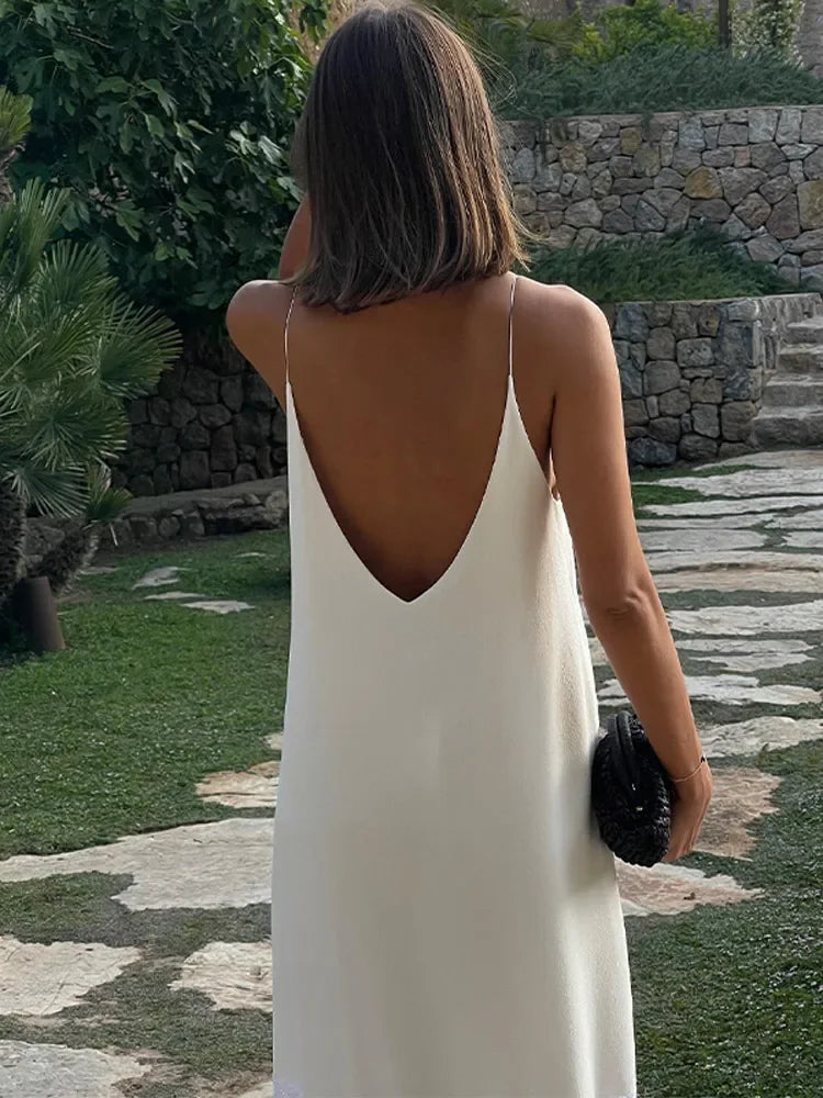 White Satin Mesh Backless Maxi Dress