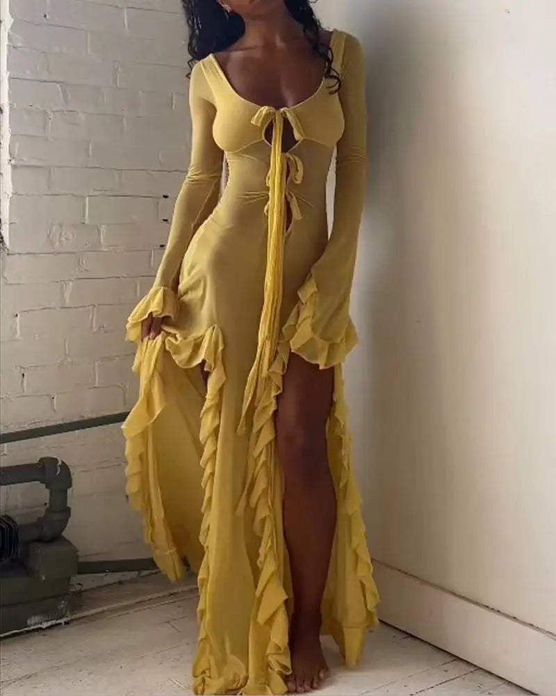 Ruffled Slit Vneck Maxi Dress