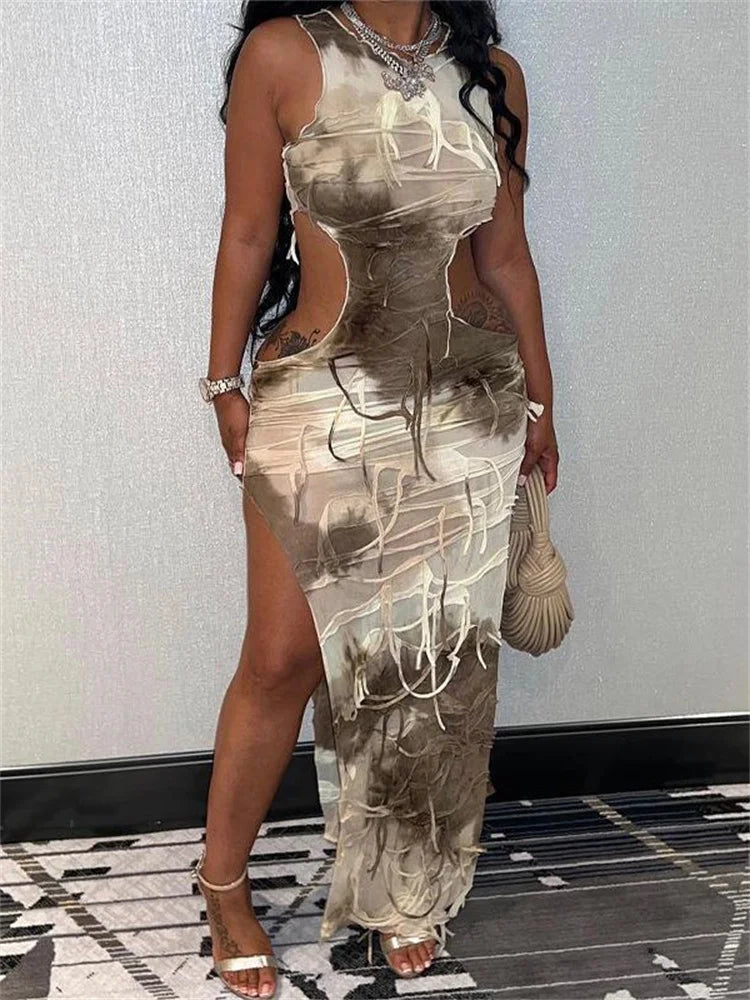 2024 Tie Dye Tassels Sleeveless Maxi Dress Cut Out Bodycon Dresses
