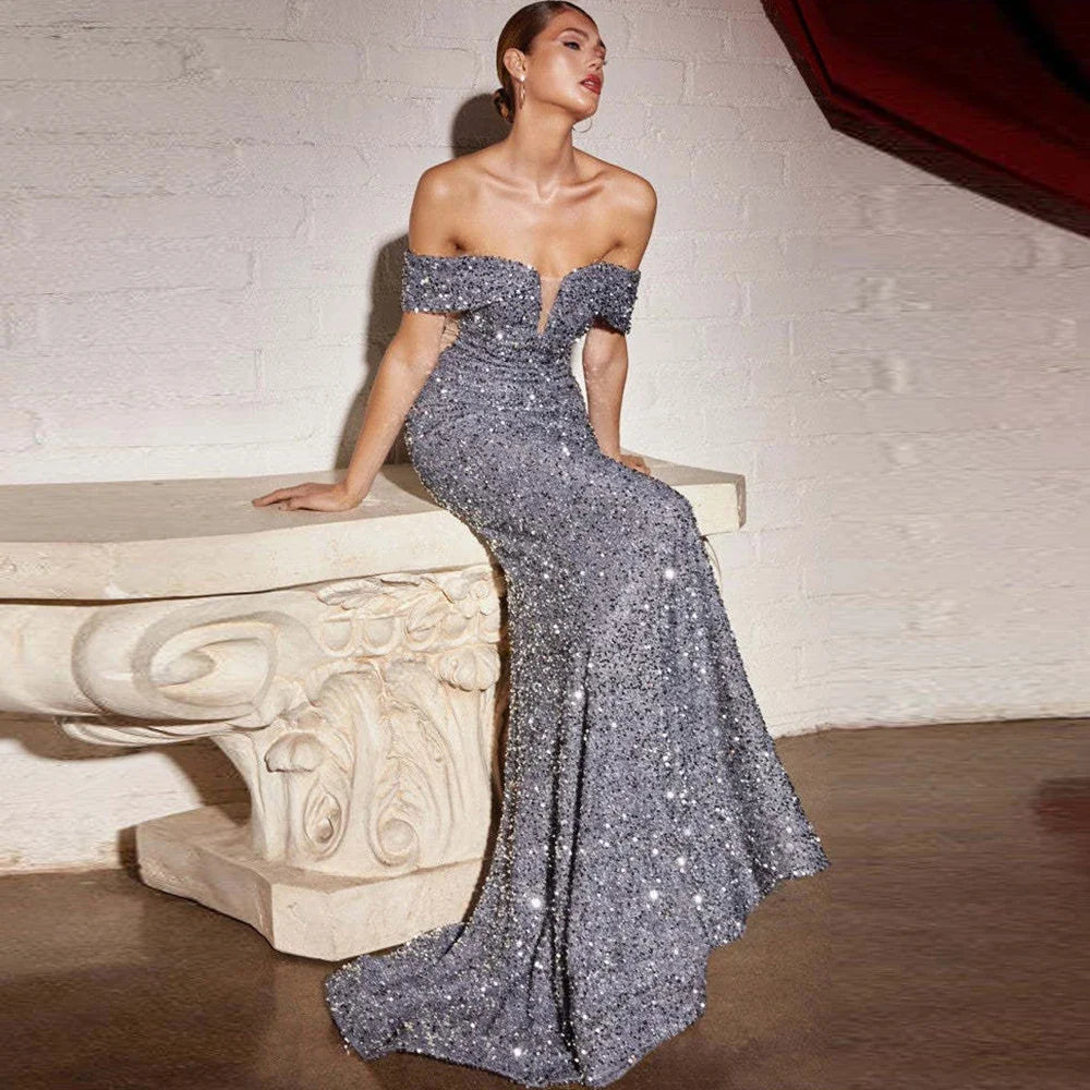 2024 Vintage Sequined VNeck Slim Sexy Evening Maxi Dress