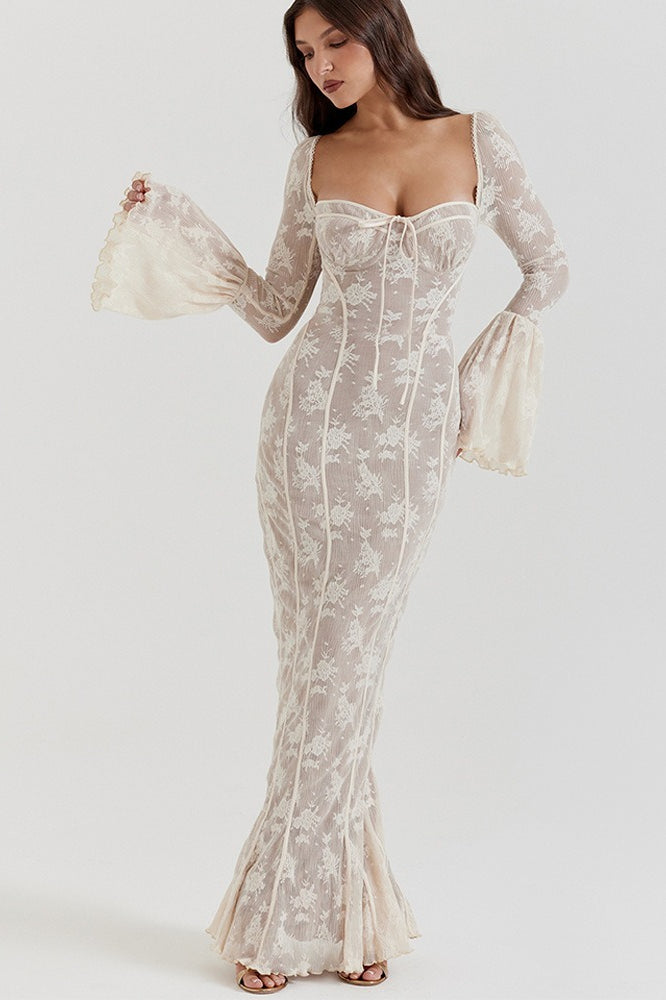 Bodycon Lace Flare Sleeve Maxi Dress