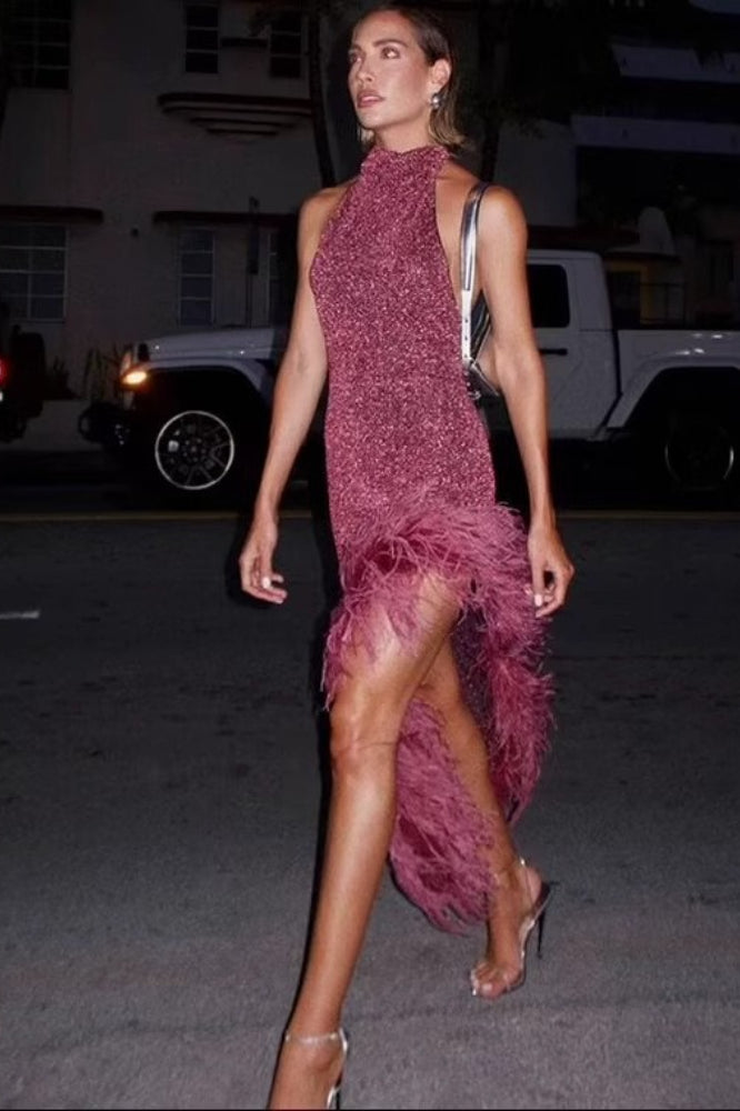 Feather Panel Halter Asymmetrical Graduation Party Dress