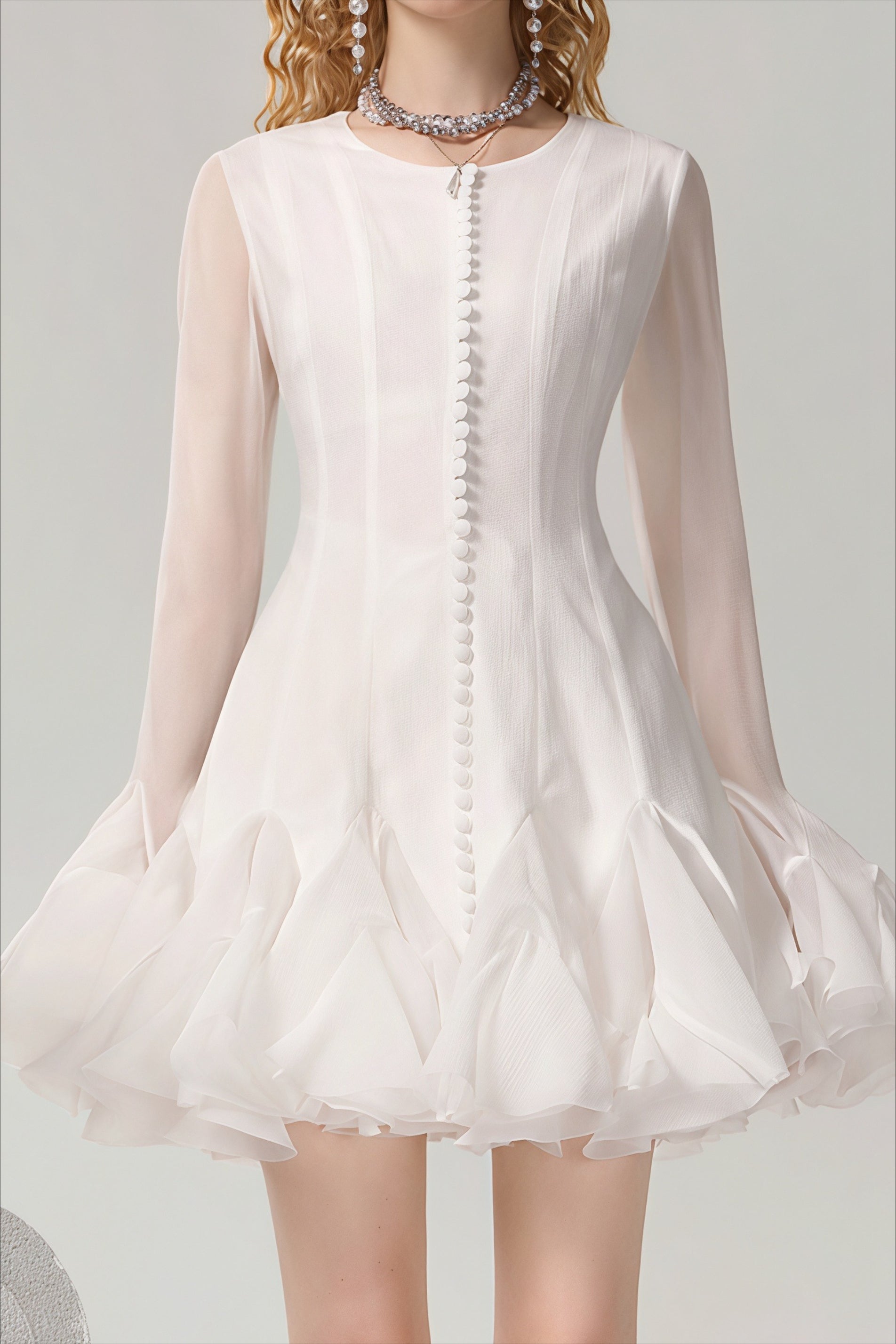 Elegant Buttoned Ruffled Long Puff Sleeve Mini Dress