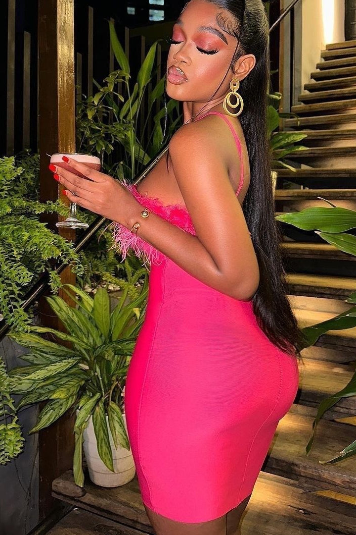 Feather Panel Halter Bodycon Graduation Party Dress