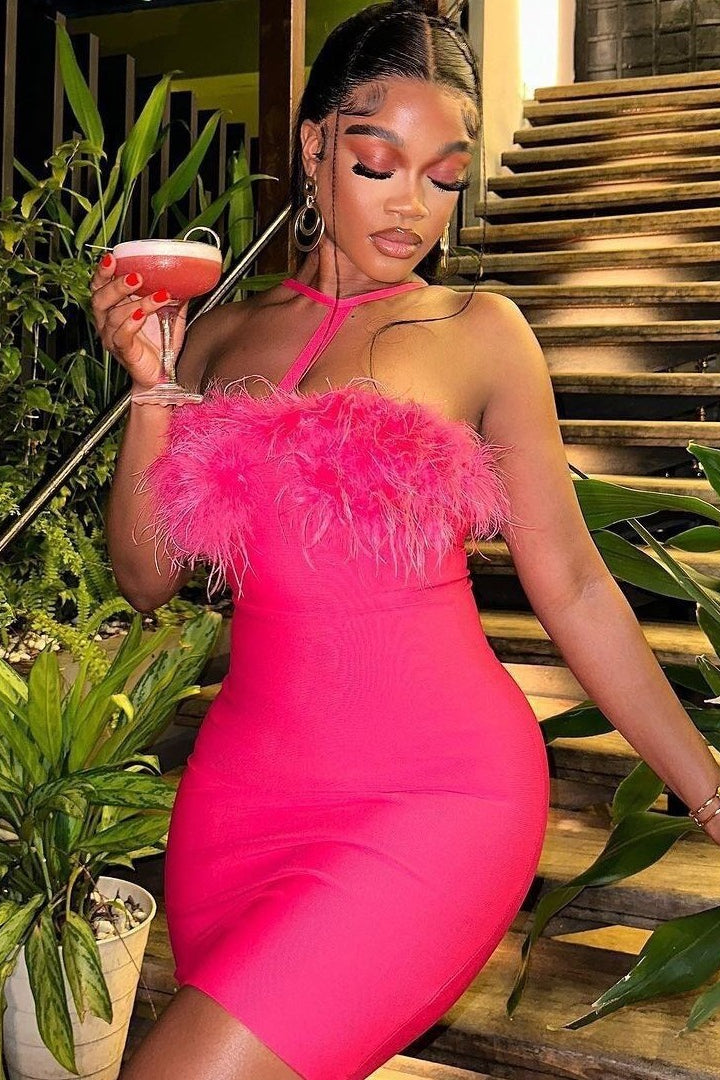 Feather Panel Halter Bodycon Graduation Party Dress
