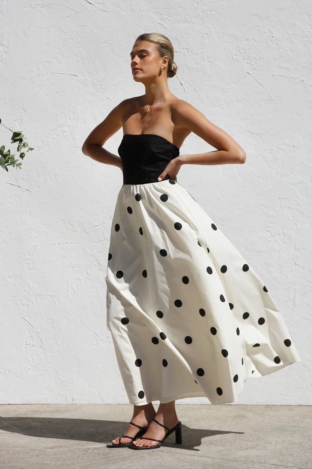 Polka Dot Print Strapless ALine Maxi Dress