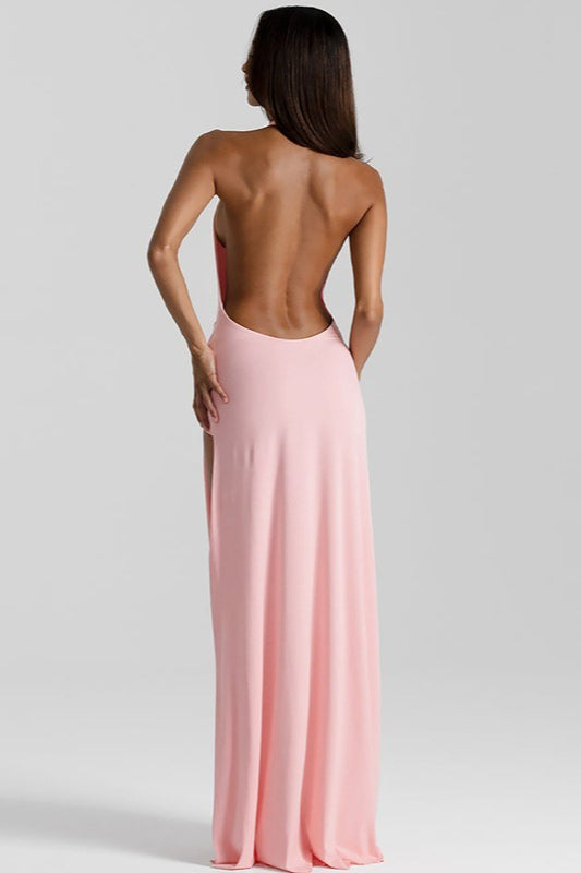 Solid Halter Deep V Backless Slit Floor Maxi Dress