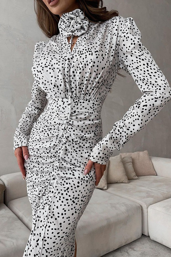 Polka Dot Floral VNeck Puff Sleeve Maxi Dress