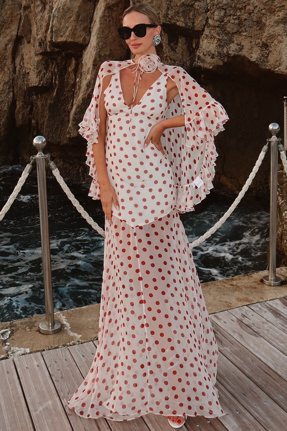 Polka Dot VNeck Sheer Maxi Dress