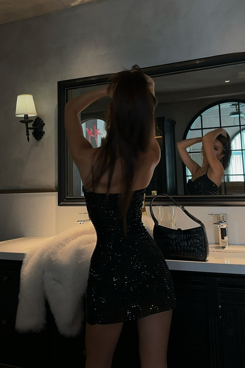 Rhinestone Halter Backless Bodycon Slim Waist Mini Dress